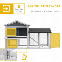 HKM-2685885 58" Gray Wooden Rabbit Hutch with Removable Tray and Lockable Doors, Asphalt Roof and Ramp