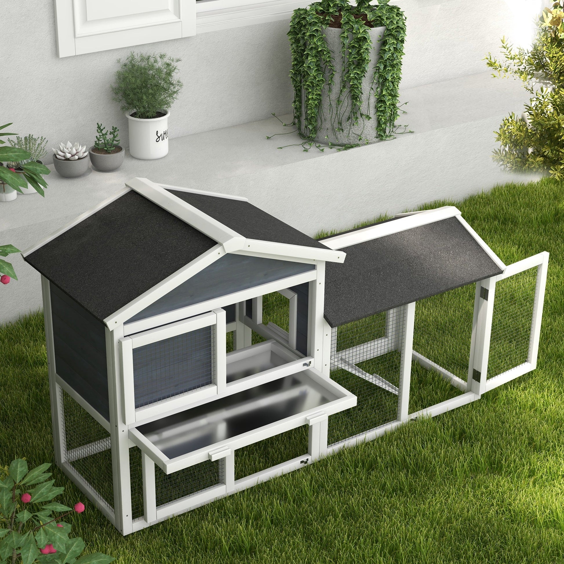 HKM-2685885 58" Gray Wooden Rabbit Hutch with Removable Tray and Lockable Doors, Asphalt Roof and Ramp