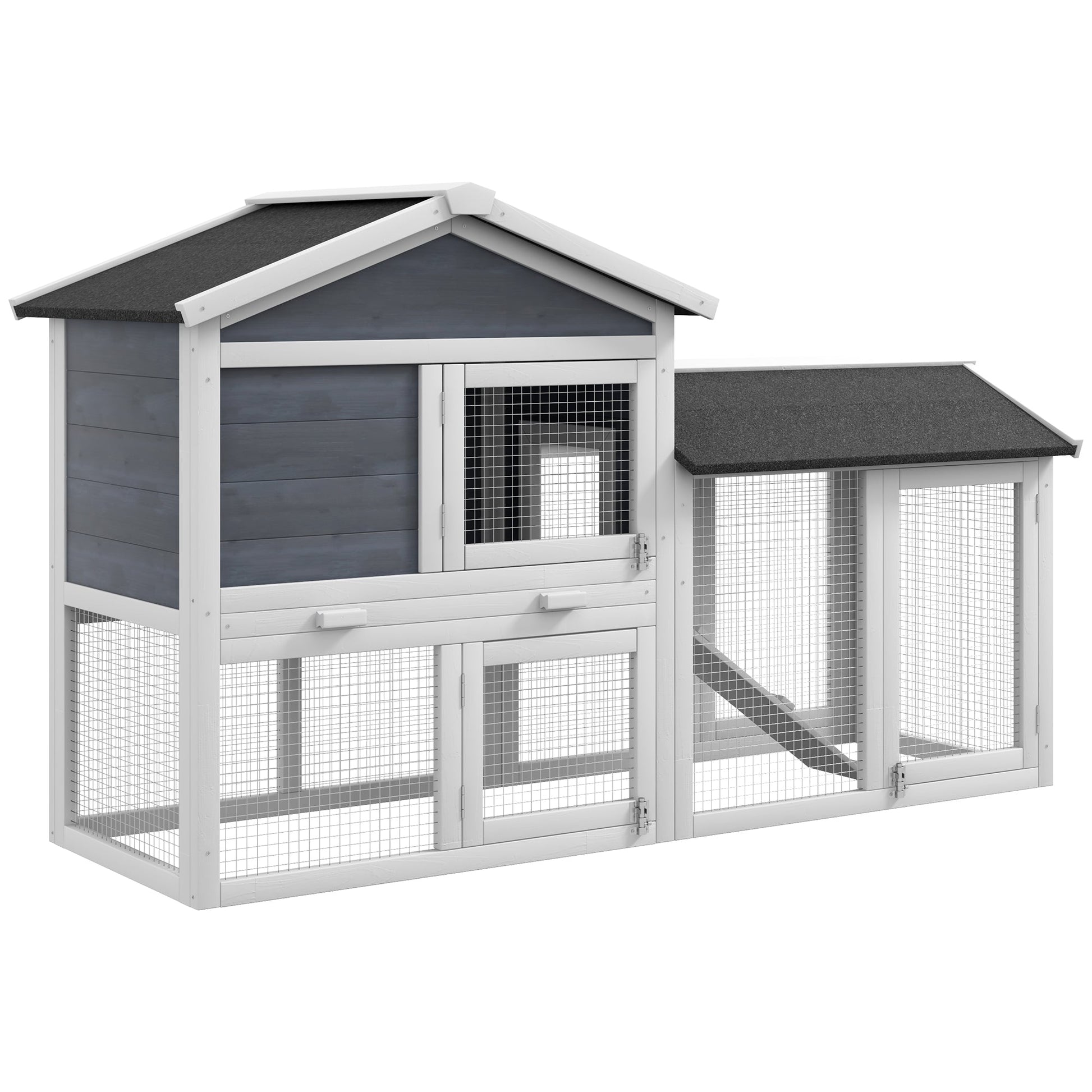 HKM-2685885 58" Gray Wooden Rabbit Hutch with Removable Tray and Lockable Doors, Asphalt Roof and Ramp