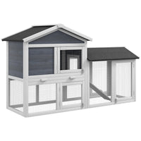 HKM-2685885 58" Gray Wooden Rabbit Hutch with Removable Tray and Lockable Doors, Asphalt Roof and Ramp