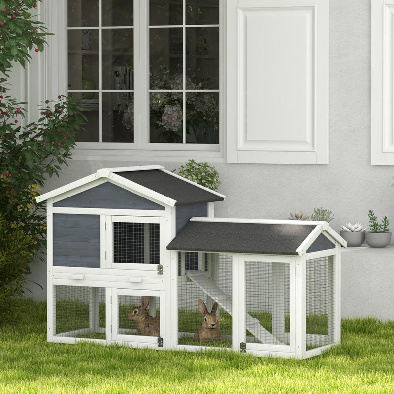 HKM-2685885 58" Gray Wooden Rabbit Hutch with Removable Tray and Lockable Doors, Asphalt Roof and Ramp