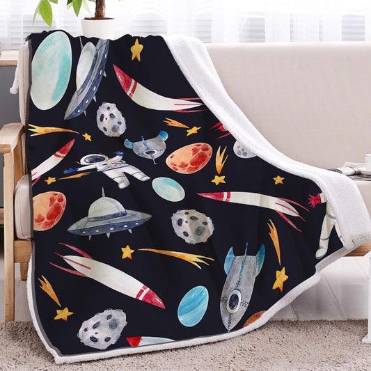 HKM-268691 Cozy Astronaut Themed Lamb Wool Blanket - Soft Sherpa Fleece for Home, Office, and Outdoor Use