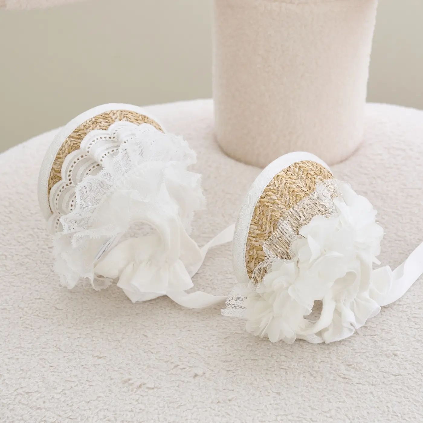 HKM-2688573 Adjustable French Straw Sun Hat for Pets with Elegant Lace and Flower Designs
