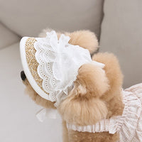 HKM-2688573 Adjustable French Straw Sun Hat for Pets with Elegant Lace and Flower Designs