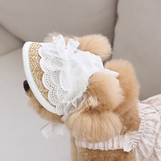 HKM-2688573 Adjustable French Straw Sun Hat for Pets with Elegant Lace and Flower Designs