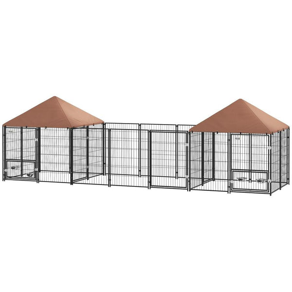 HKM-269011 Large Outdoor Dog Kennel with Two Private Rooms and Adjustable Height Bowls, Waterproof Canopy, Suitable for Dogs Up to 66 lbs