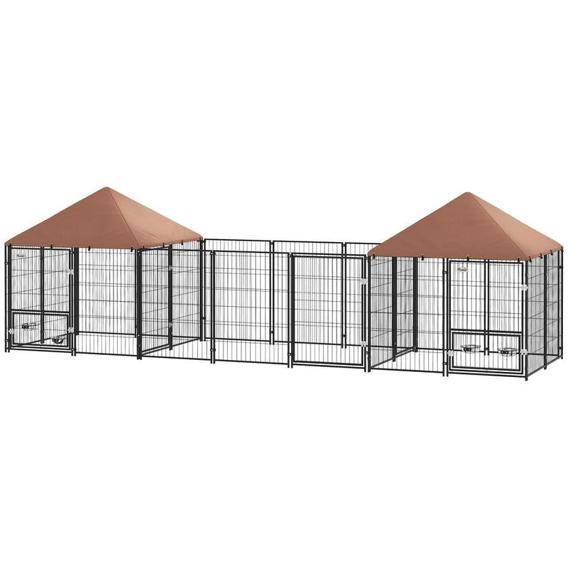 HKM-269011 Large Outdoor Dog Kennel with Two Private Rooms and Adjustable Height Bowls, Waterproof Canopy, Suitable for Dogs Up to 66 lbs