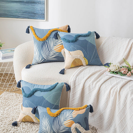 HKM-269139 Morandi Color Tufted Pillow Cover in Yellow and Blue Stripes, Decorative Cushion 30x50cm and 45x45cm