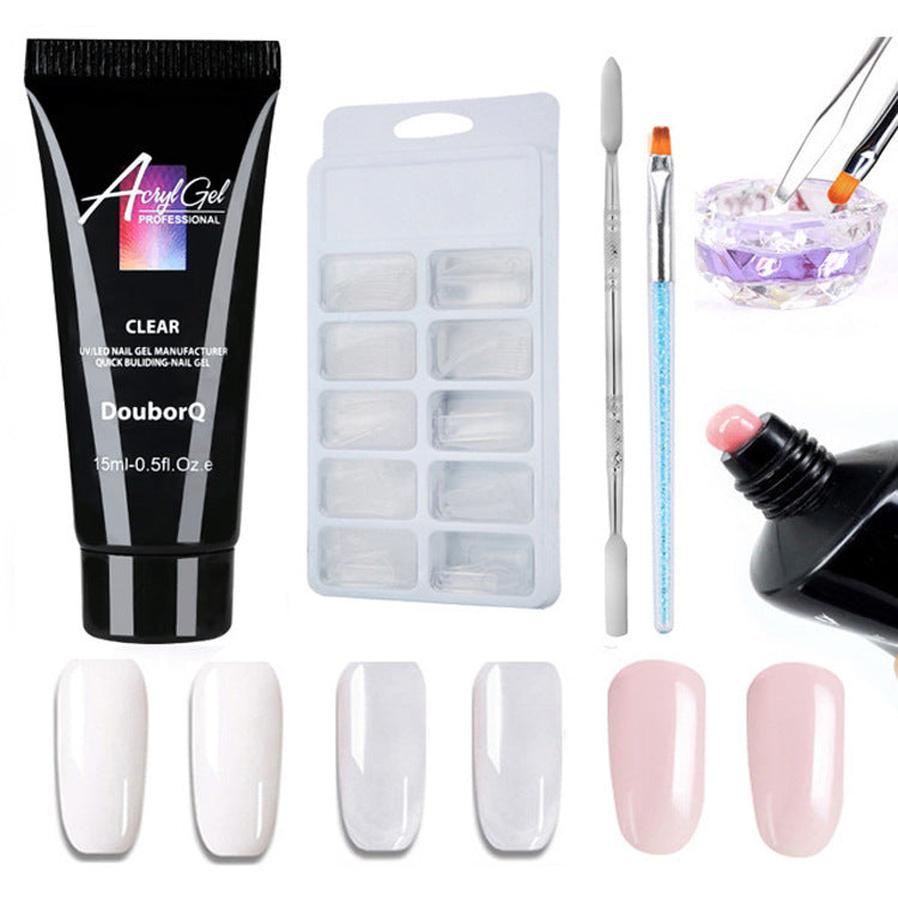 HKM-269331 Nail Polish Set for Extensions and Manicure - Clear, Pink, and White Options with Brushes and Stickers