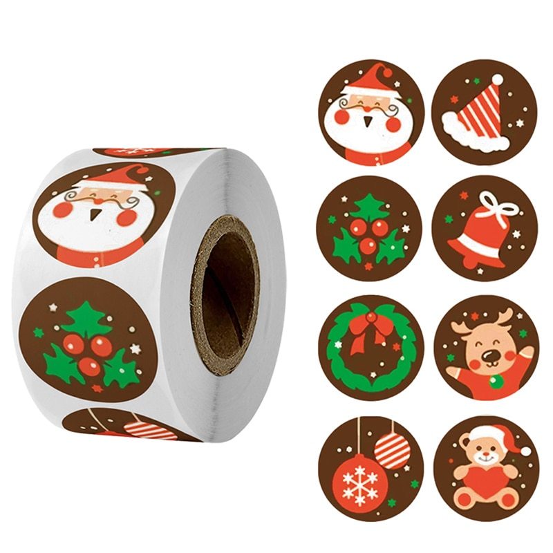 HKM-269459 Kraft Paper Round Stickers for Christmas Day Decoration - 500 Pieces per Roll