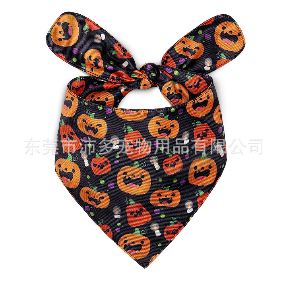 HKM-2695357 Halloween Triangle Dog Saliva Towel - Double Layer Polyester with Bat, Skull, and Pumpkin Designs