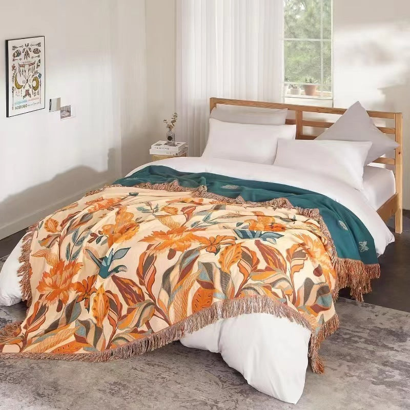 HKM-269843 Pure Cotton Landscape Gauze Towel Blanket with Tassels for Summer, Available in Multiple Sizes