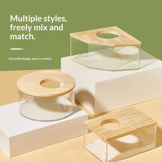 HKM-2699197 Transparent Hamster Bathroom Sandbox with Solid Wood Cover – Multi-Sized Options for Your Pet's Comfort