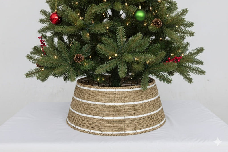 HKM-269971 Woven Seagrass and White Paper Rope Christmas Tree Collar for Coastal Boho Decor