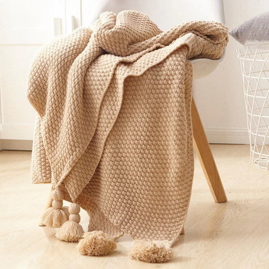 HKM-270227 Nordic Style Knitted Tassel Blanket for Sofa, Bed, and Office - Multiple Colors Available