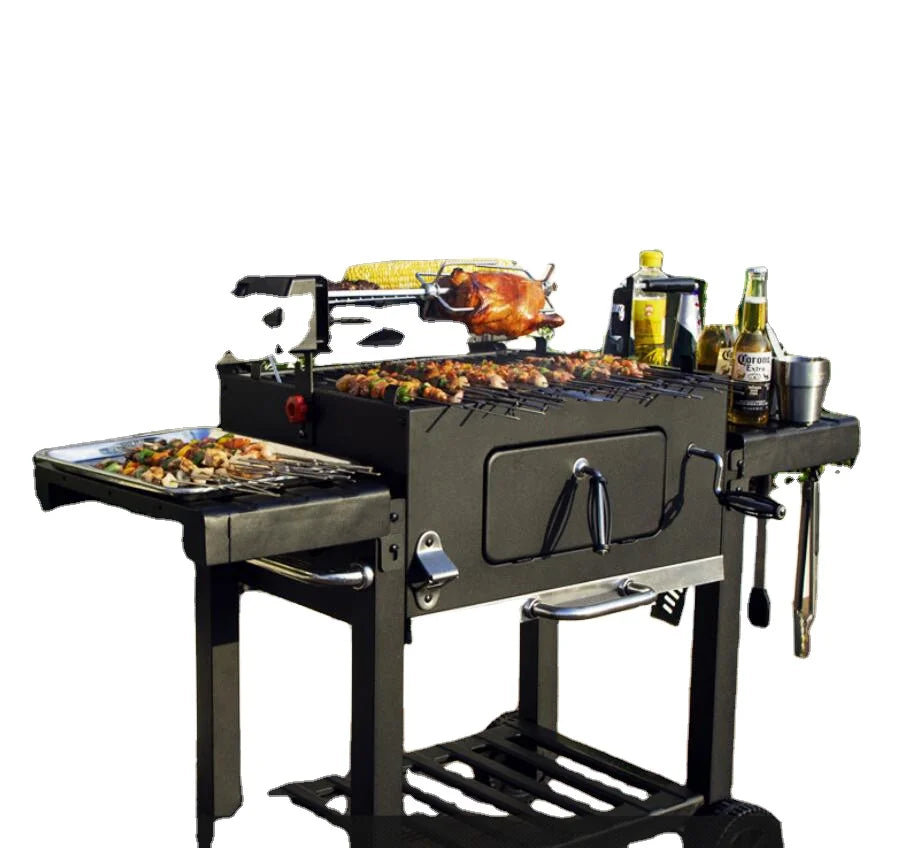 HKM-270355 Stainless Steel Charcoal Grill with Trolley - Outdoor BBQ Table Grill