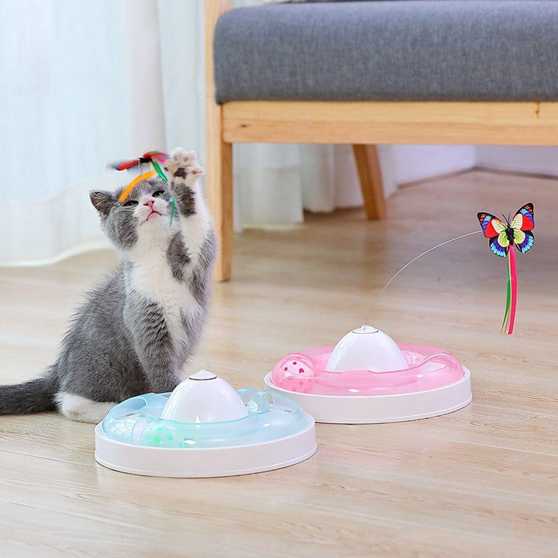 HKM-2704317 Cat Turntable with Butterfly Toy - Fun Interactive Cat Stick, 23.5cm Diameter, 7.5cm Height, PP Material