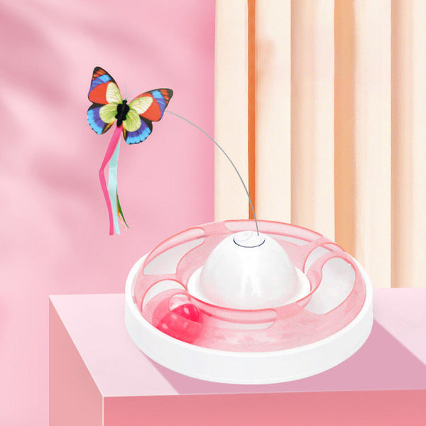HKM-2704317 Cat Turntable with Butterfly Toy - Fun Interactive Cat Stick, 23.5cm Diameter, 7.5cm Height, PP Material
