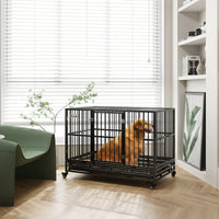 HKM-2707133 Heavy Duty 48" Metal Dog Crate Kennel with Lockable Wheels and Double Doors, Gray