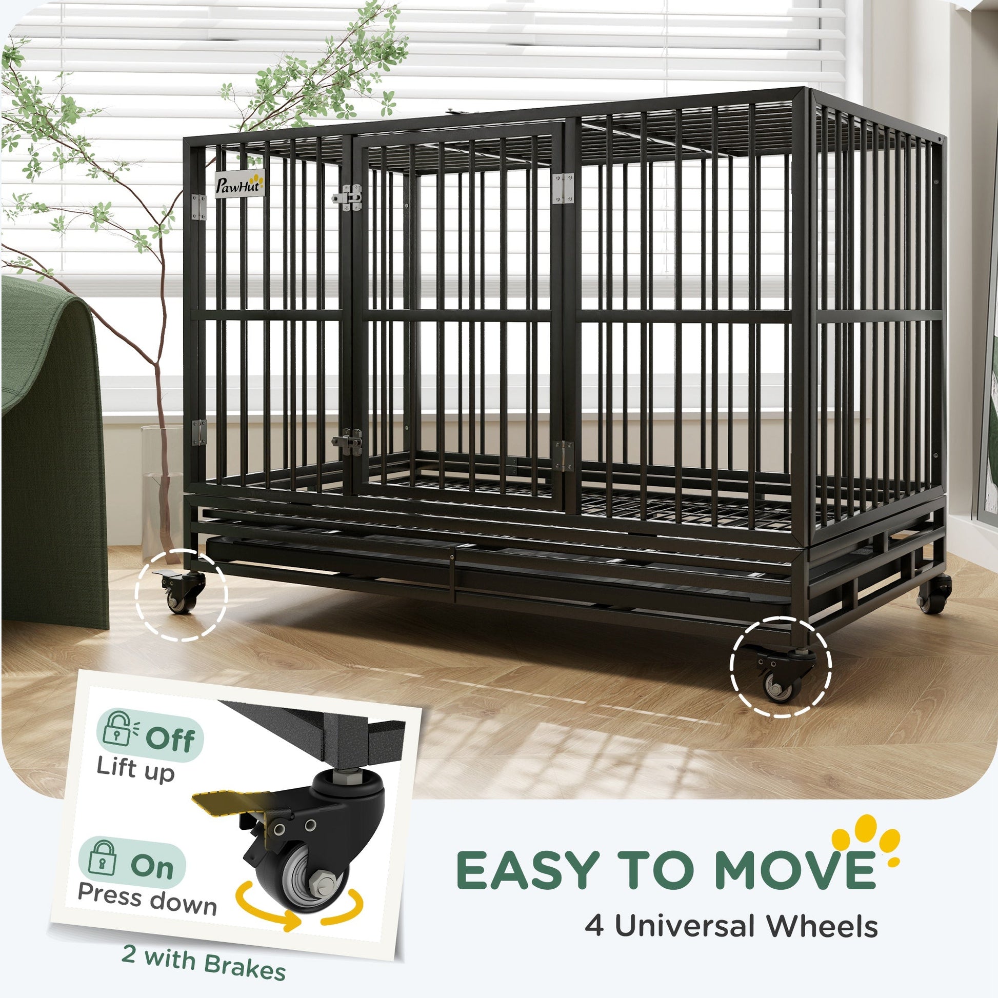 HKM-2707133 Heavy Duty 48" Metal Dog Crate Kennel with Lockable Wheels and Double Doors, Gray