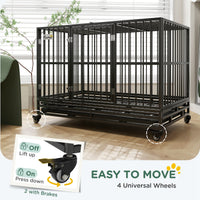 HKM-2707133 Heavy Duty 48" Metal Dog Crate Kennel with Lockable Wheels and Double Doors, Gray