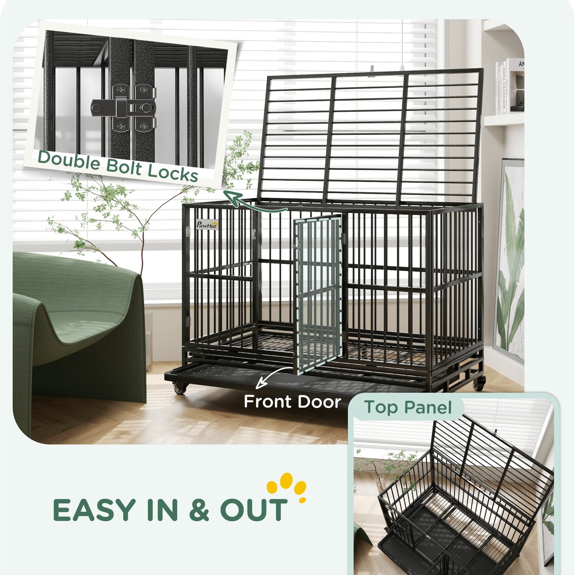 HKM-2707133 Heavy Duty 48" Metal Dog Crate Kennel with Lockable Wheels and Double Doors, Gray