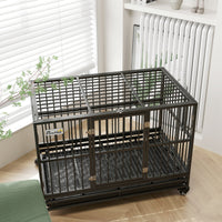 HKM-2707133 Heavy Duty 48" Metal Dog Crate Kennel with Lockable Wheels and Double Doors, Gray