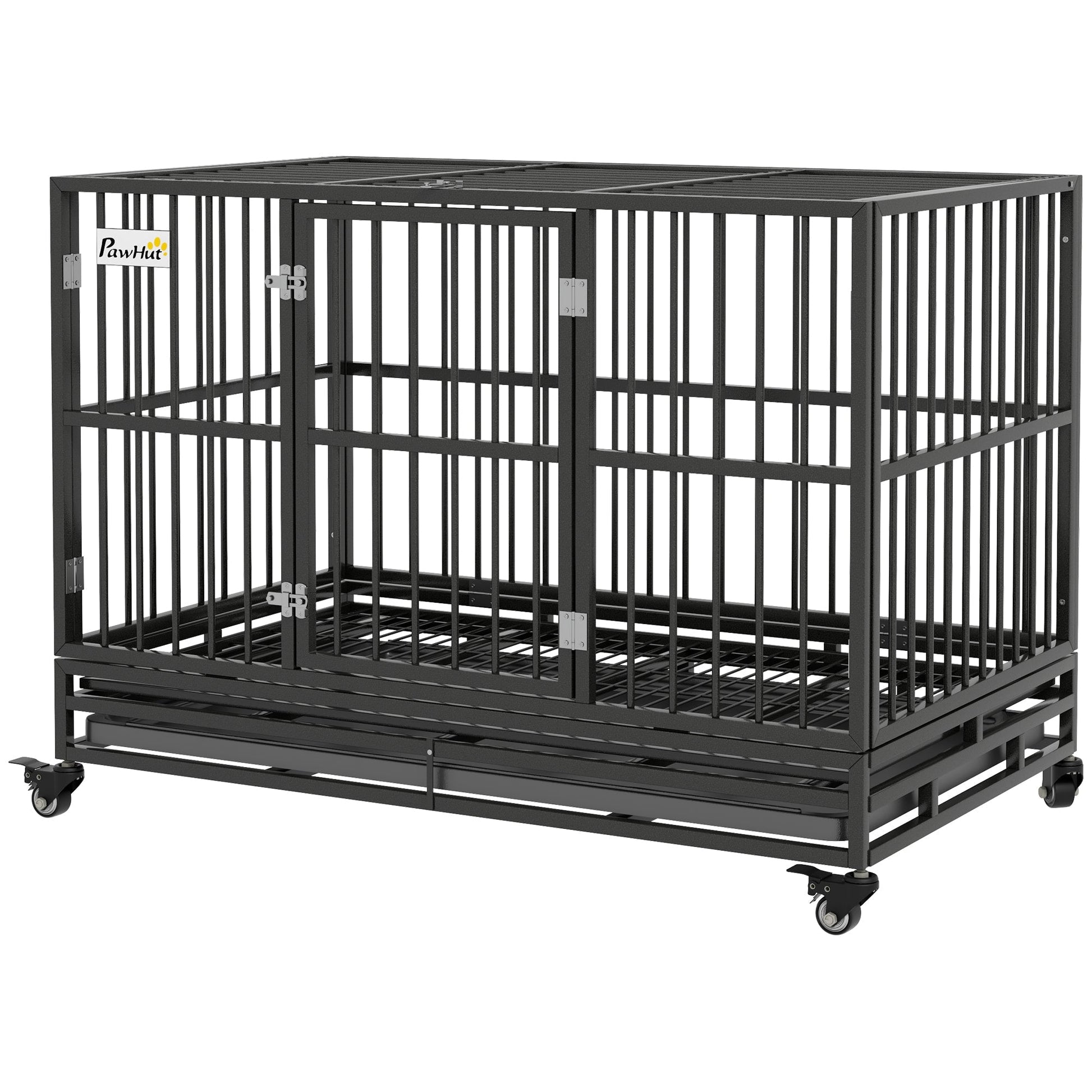 HKM-2707133 Heavy Duty 48" Metal Dog Crate Kennel with Lockable Wheels and Double Doors, Gray