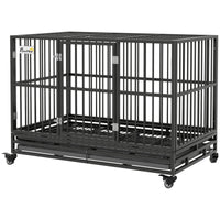 HKM-2707133 Heavy Duty 48" Metal Dog Crate Kennel with Lockable Wheels and Double Doors, Gray