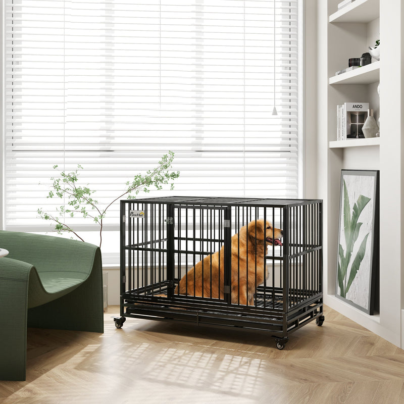 HKM-2707133 Heavy Duty 48" Metal Dog Crate Kennel with Lockable Wheels and Double Doors, Gray