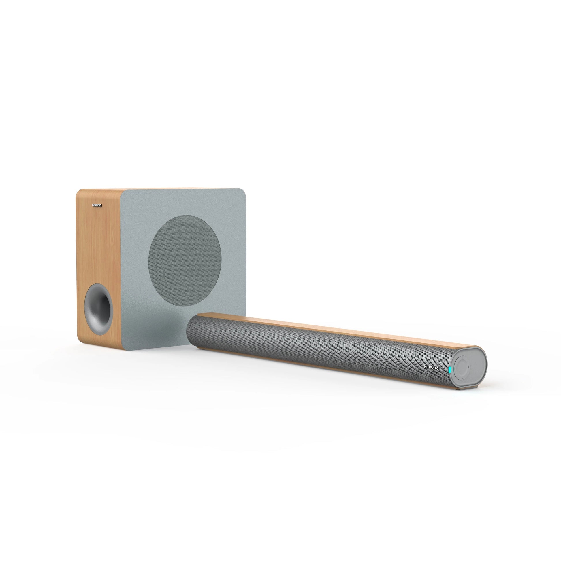 HKM-270995 2.1 Channel Wall Mount Soundbar with Wireless Subwoofer and Wooden Speaker Design