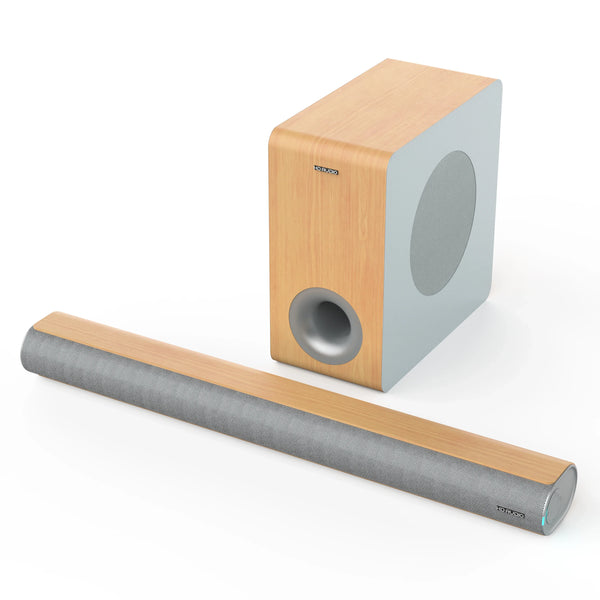 HKM-270995 2.1 Channel Wall Mount Soundbar with Wireless Subwoofer and Wooden Speaker Design