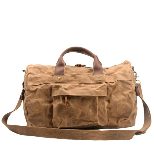 HKM-271059 Leisure Oil Wax Canvas Travel Handbag with Large Capacity for Outdoor Adventures