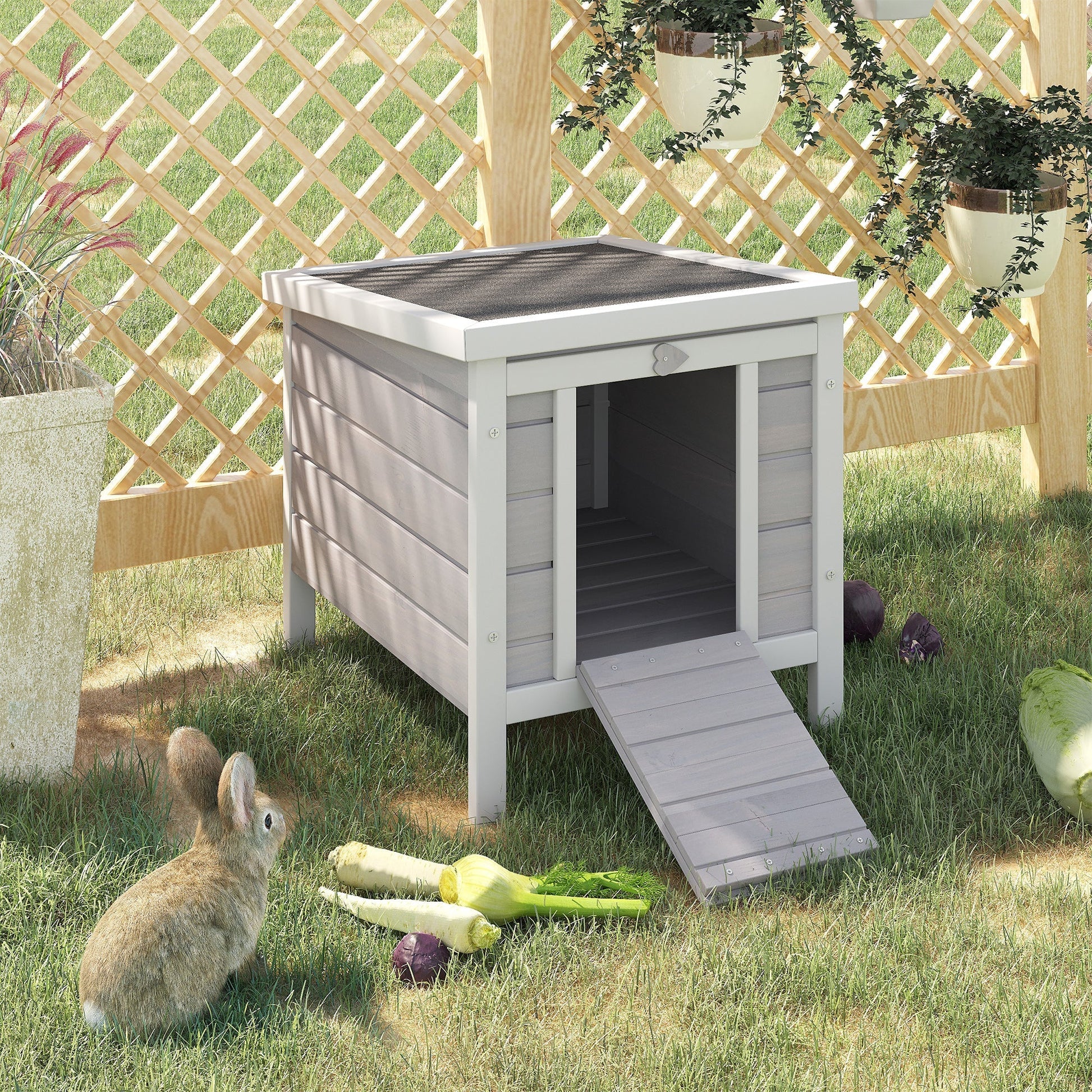 HKM-2712893 Gray Wooden Rabbit Hutch with Openable Waterproof Roof for Small Pets and Animals