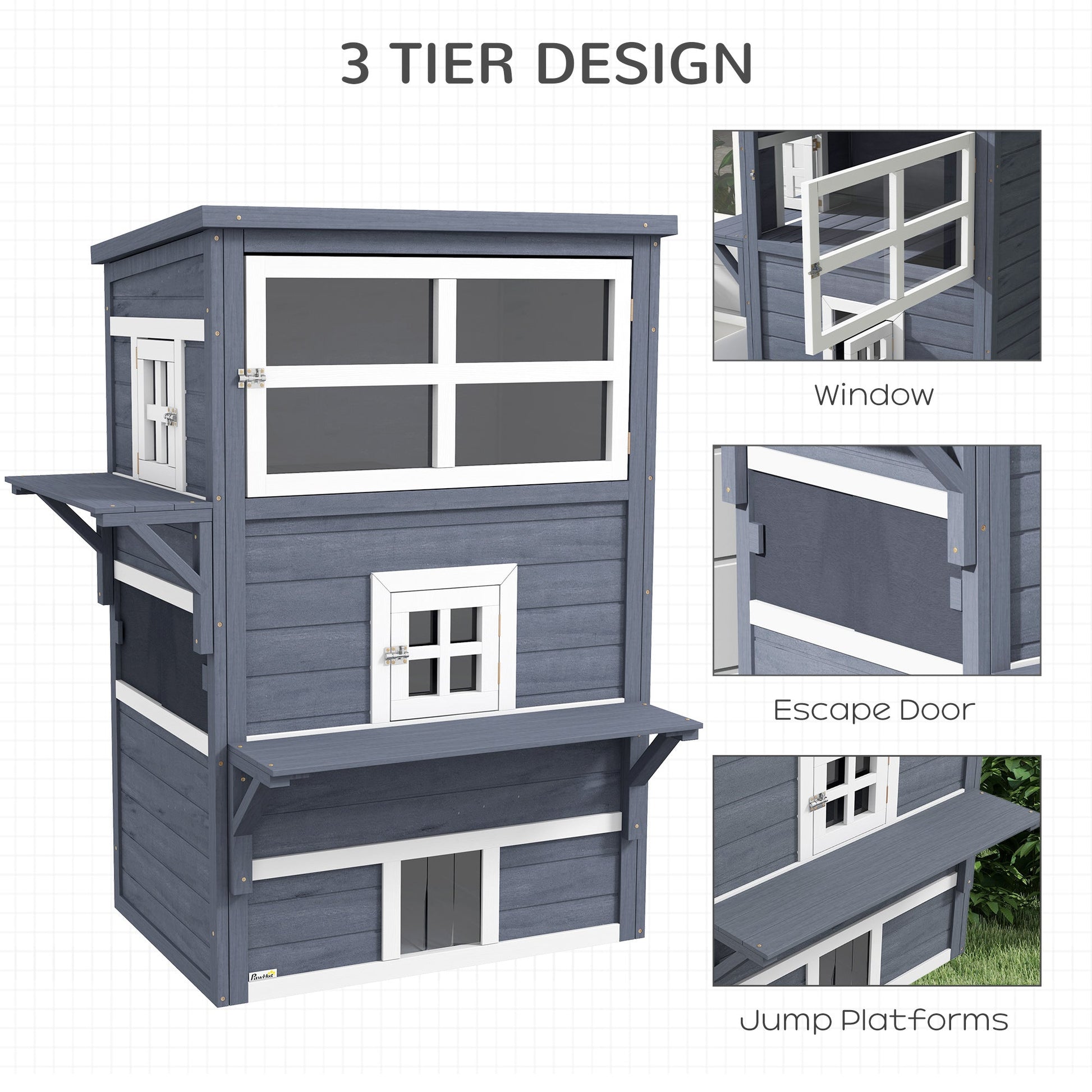 HKM-2713277 Outdoor 3-Tier Cat Shelter with Escape Door, Weather-Resistant Fir Wood Design