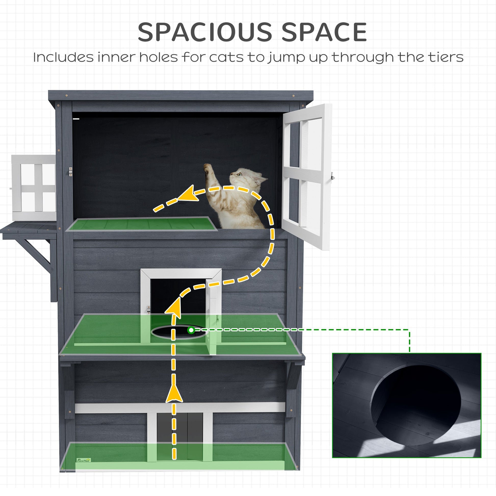 HKM-2713277 Outdoor 3-Tier Cat Shelter with Escape Door, Weather-Resistant Fir Wood Design
