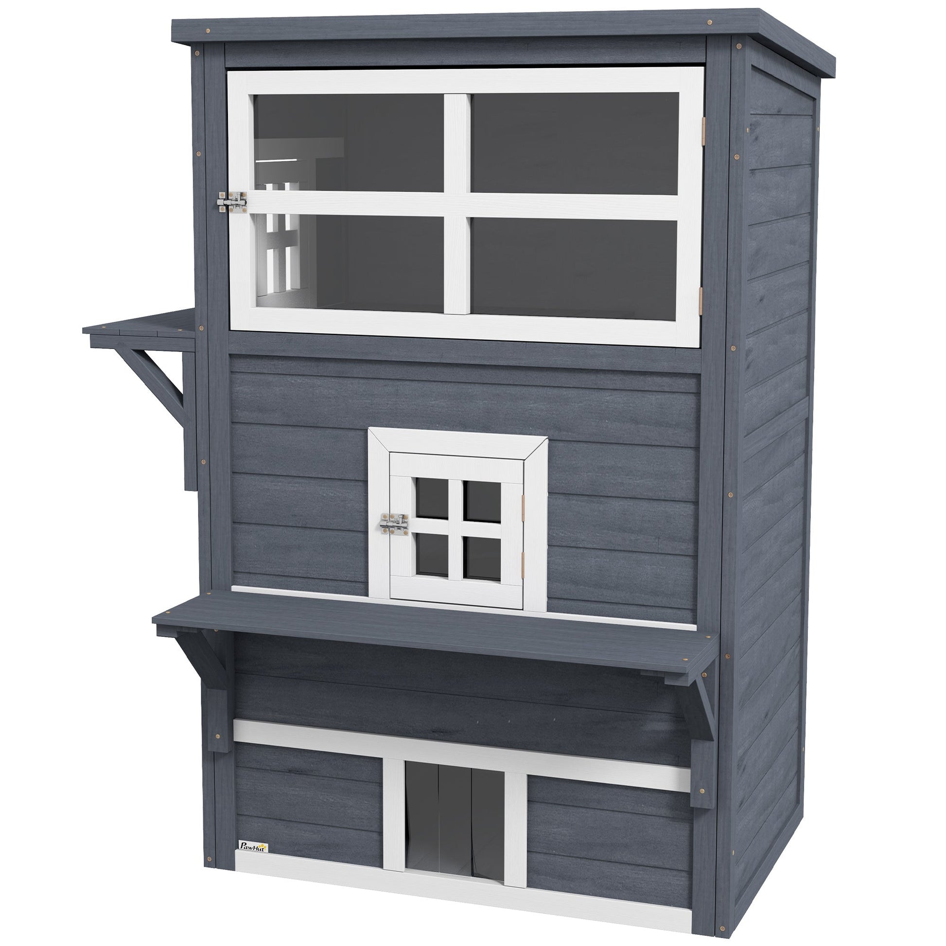 HKM-2713277 Outdoor 3-Tier Cat Shelter with Escape Door, Weather-Resistant Fir Wood Design