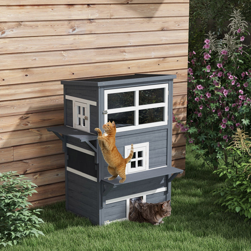 HKM-2713277 Outdoor 3-Tier Cat Shelter with Escape Door, Weather-Resistant Fir Wood Design