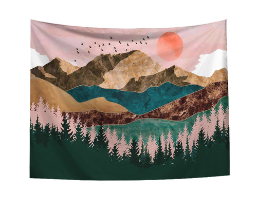 HKM-271699 Sun and Mountains Geometric Wool Tapestry - Machine Woven Decorative Wall Art