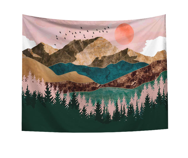 HKM-271699 Sun and Mountains Geometric Wool Tapestry - Machine Woven Decorative Wall Art