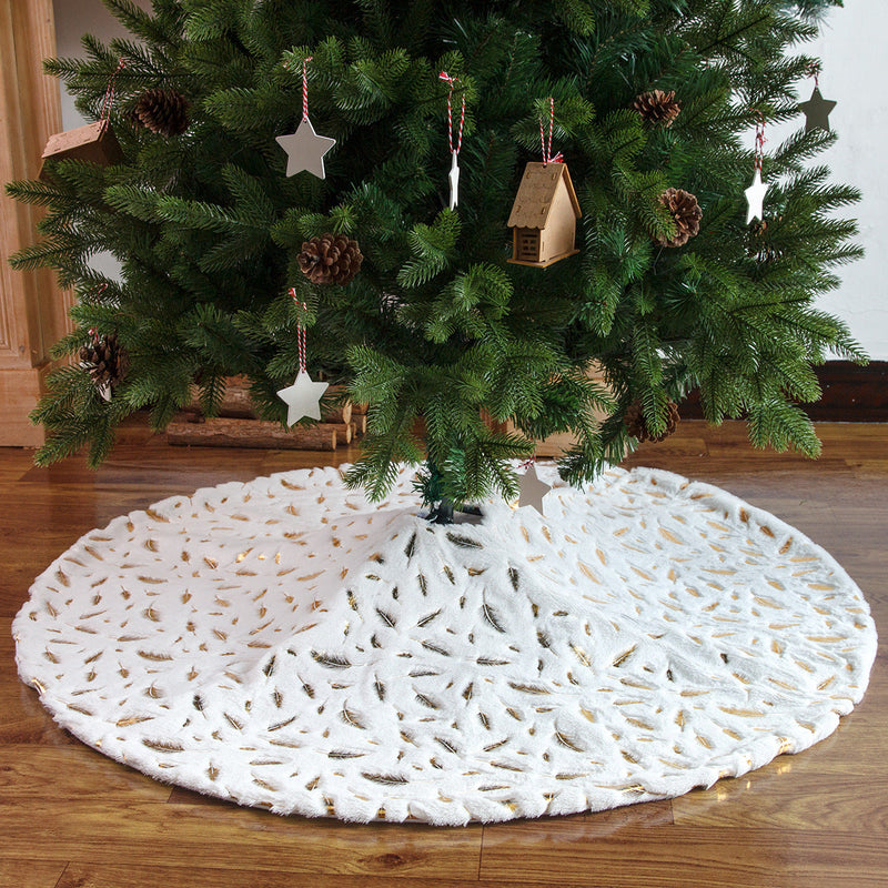HKM-271763 Elegant White Plush Christmas Tree Skirt with Golden and Silver Feather Design, 90cm & 122cm Sizes