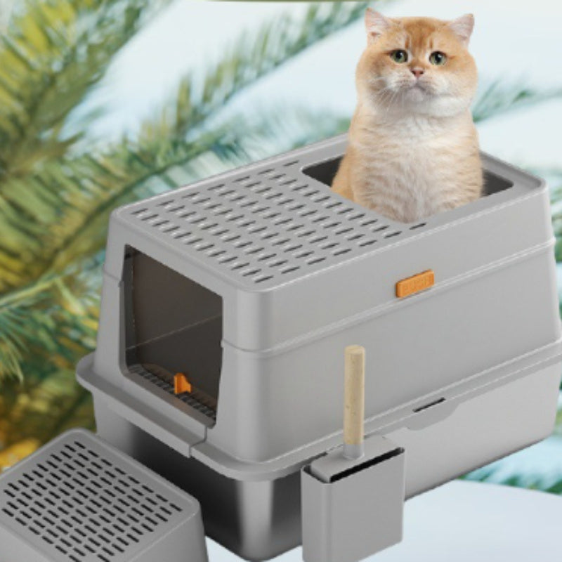 HKM-271827 Gray Stainless Steel Enclosed Cat Toilet with Pedal and ABS Plastic Features
