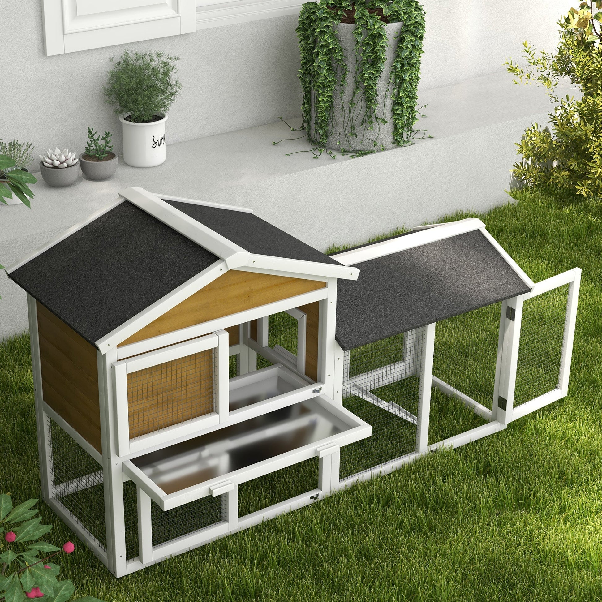 HKM-2718653 Wooden Rabbit Hutch with Run, Removable Tray, Asphalt Roof, Lockable Doors, and Ramp for 1-2 Rabbits