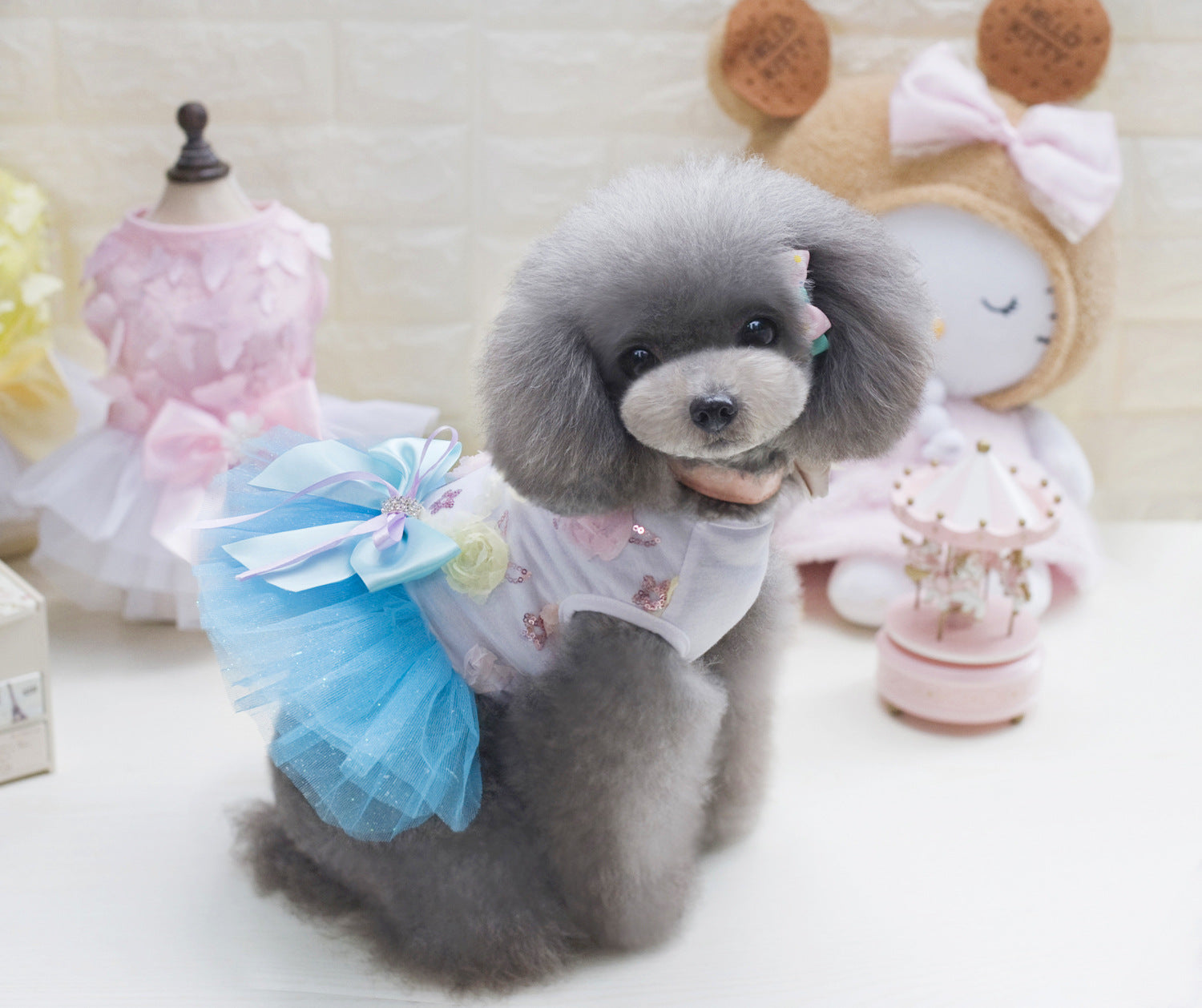 HKM-2719165 Teddy Dog Cotton Princess Skirt Dress in Blue, Green, Pink - Sizes XS to XL