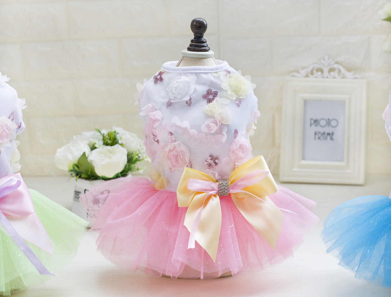 HKM-2719165 Teddy Dog Cotton Princess Skirt Dress in Blue, Green, Pink - Sizes XS to XL