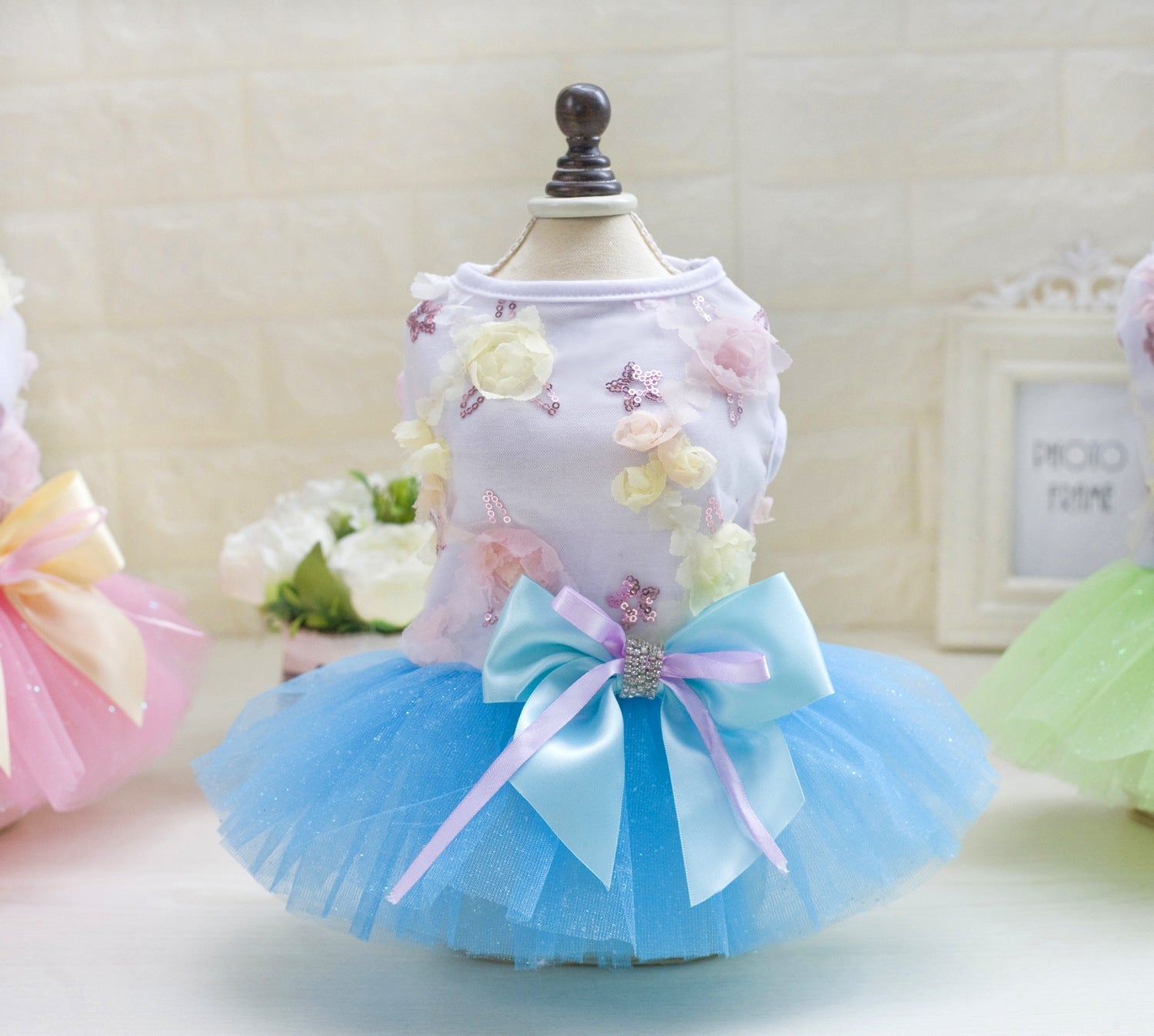HKM-2719165 Teddy Dog Cotton Princess Skirt Dress in Blue, Green, Pink - Sizes XS to XL