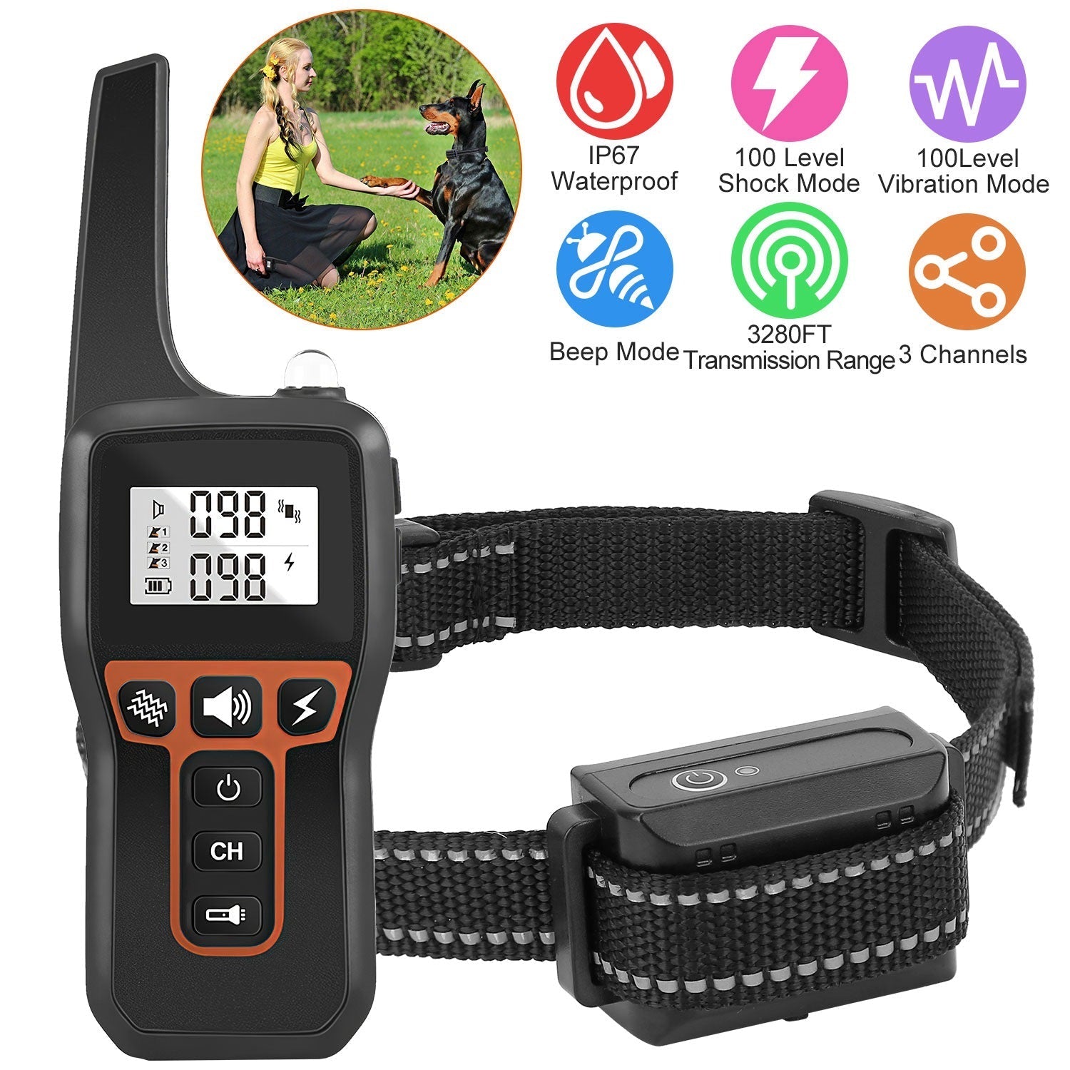 HKM-2720445 Rechargeable Dog Training Collar with Beep, Vibration, and Shock Modes, IP67 Waterproof, 3280FT Range, 3 Channels