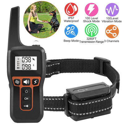 HKM-2720445 Rechargeable Dog Training Collar with Beep, Vibration, and Shock Modes, IP67 Waterproof, 3280FT Range, 3 Channels