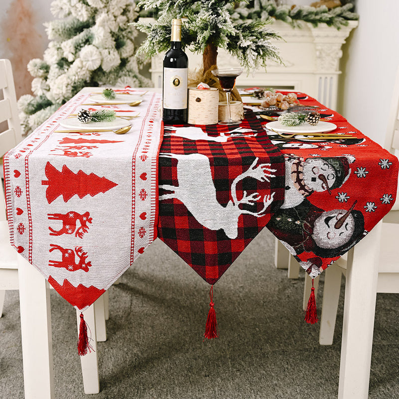 HKM-272915 Electric Embroidered Knitted Cloth Table Runner - Snowman, Small Tree & Elk Designs