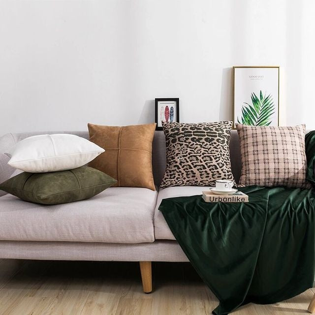 HKM-273363 Retro Cotton Pillowcase in Leopard, Plaid, Yellow Brown, Beige, and Green - 45x45cm